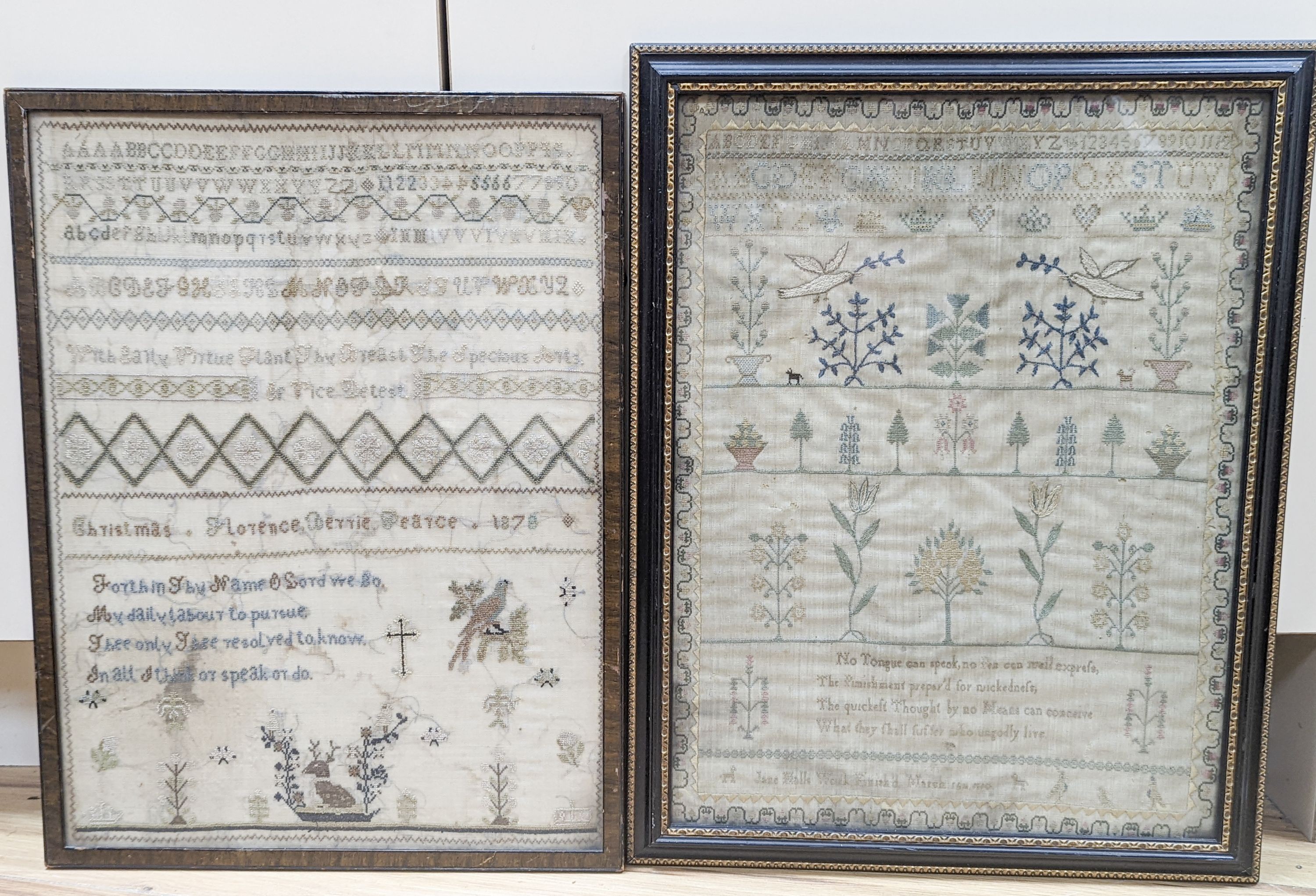 Two 19th century samplers, dated 1878 and 1810, framed.largest 40x30cm